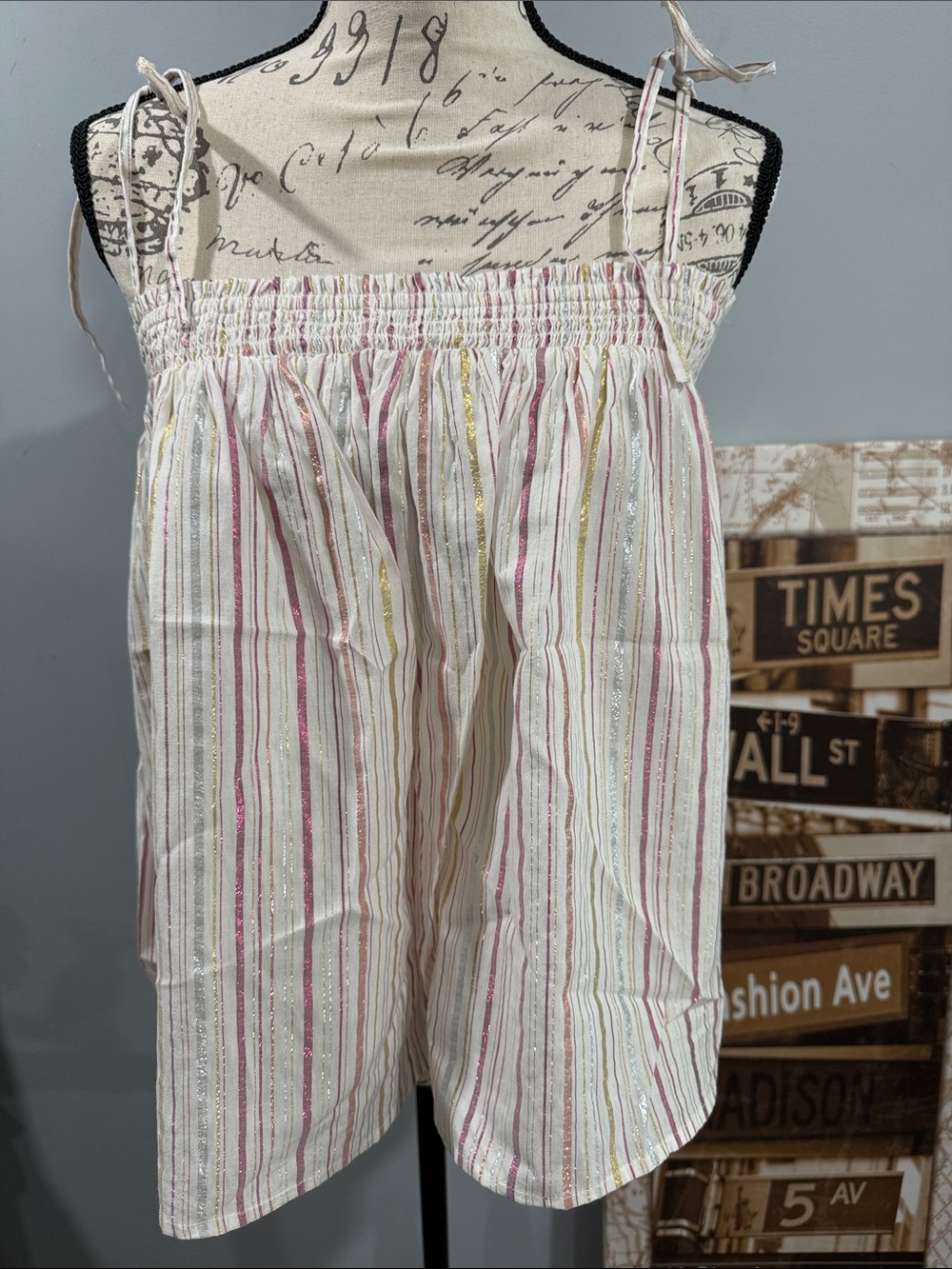LOFT Cream Striped Tie-Shoulder Cami with Pink and Gold Accents